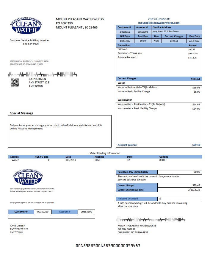 USA Clean Water utility bill template in Word and PDF format